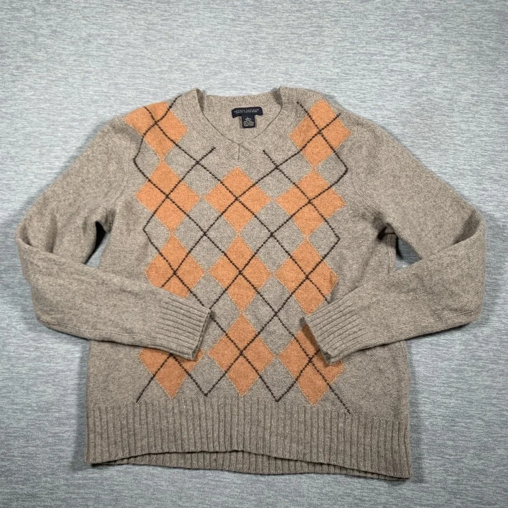 Banana Republic Sweater Mens Large Gray Orange Argyle Wool Blend Pullover